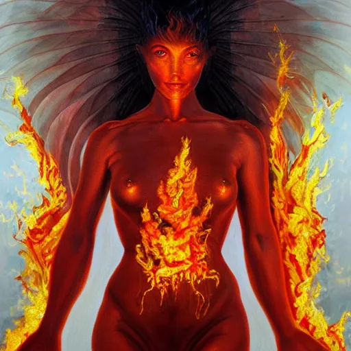 Image similar to A beautiful painting of a goddess with a body made of flames by Jim Burns, ultra-detailed , Trending on artstation.