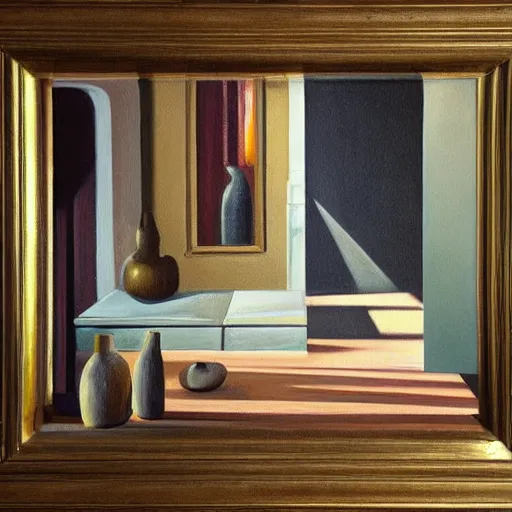 Image similar to the subtle shades of consciousness as a painting of a realistic scene, strong shadows, elegant, perfect shading, award - winning, striking, interior scene