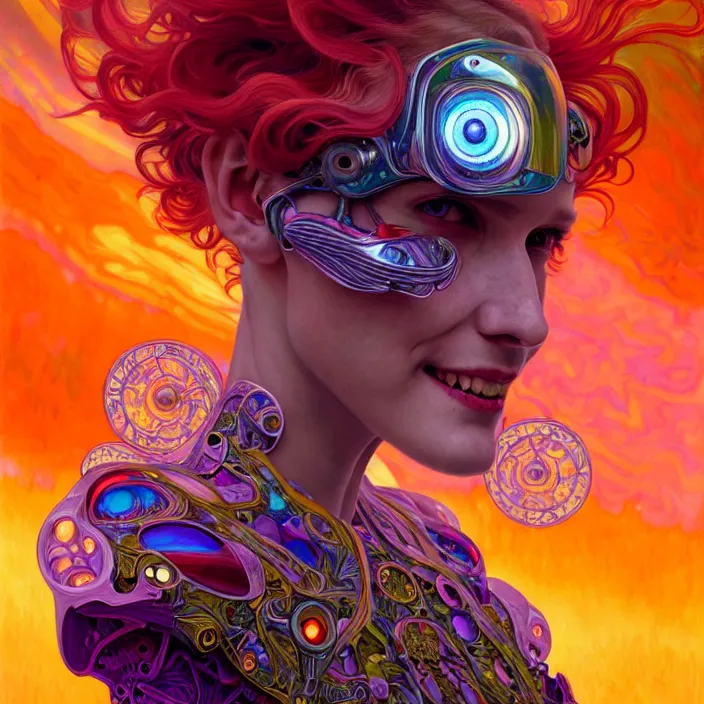 Prompt: bright psychedelic portrait of organic cyborg, wings, smiling, diffuse lighting, fantasy, intricate, elegant, highly detailed, lifelike, photorealistic, digital painting, artstation, illustration, concept art, smooth, sharp focus, art by John Collier and Albert Aublet and Krenz Cushart and Artem Demura and Alphonse Mucha