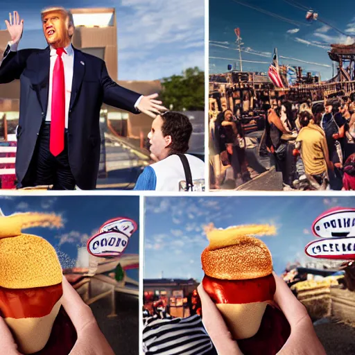 Prompt: donald trump slamming pudding onto citizens, citizens soaked with pudding, golden hour, boardwalk, professional photography