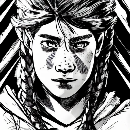 Prompt: portrait of crying Aloy from Horizon: Zero Dawn, comic book illustration, by John Kirby