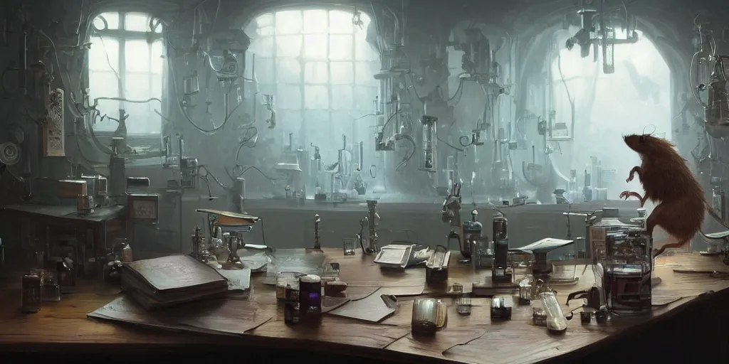 Image similar to humanoid rat in a laboratory sitting at a desk with lots of flasks filled with magic liquids and poisonous fog, stephen bliss, unreal engine, fantasy art by greg rutkowski, loish, rhads, ferdinand knab, ilya kuvshinov, rossdraws, tom bagshaw, global illumination, radiant soft light, detailed and intricate environment