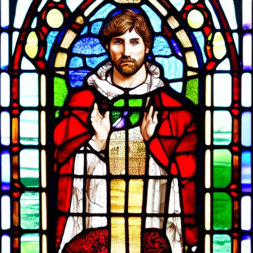 Prompt: gothic stained glass window, detailed side - view portrait of justin trudeau, detailed and masterful, backlit