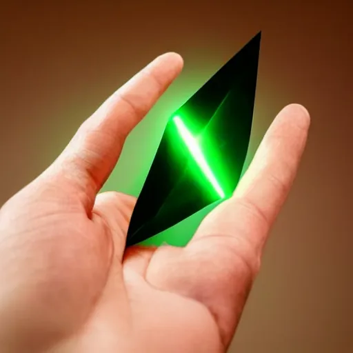 Image similar to a glowing shard of kryptonite held in an open black - gloved hand, pitch black background