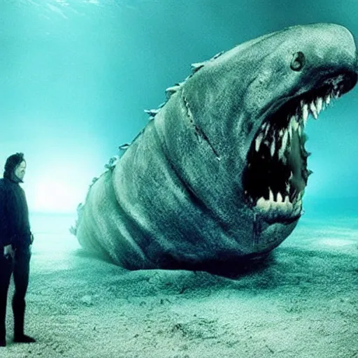 Image similar to horror movie still about a giant underwater sea creature, dark, scary