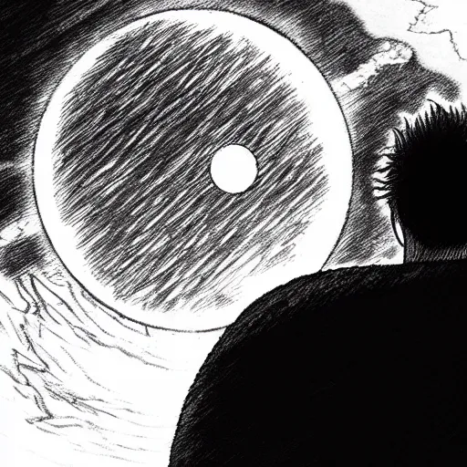 Prompt: berserk manga drawing of a person in the distance staring at a solar eclipse