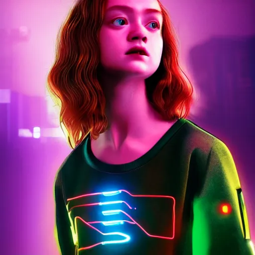 Prompt: Sadie Sink portrait, Cyberpunk 2077, ultra photorealistic, cybernetic body parts, neon, octane, bokeh, 8k