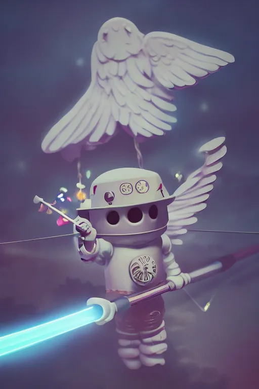 Image similar to Marshmallow Astronaut with wings swinging katana, magical atmosphere, neon, cinematic shot, intricate, ornate, photorealistic, ultra detailed, realistic, 100mm, photography, octane, high definition, depth of field, bokeh, 8k, artstation