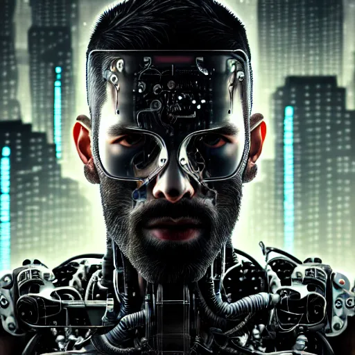 Image similar to ultra realist intricate detailed painting of a single rugged cyborg male, black scales on bearded face and cyborg tech on body, symmetry accurate features, cyberpunk, apocalyptic, very intricate details, focus, high resolution, 4 k, artstyle alex ries and hiraku tanaka, award winning