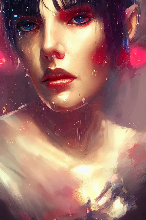 Image similar to jessica from bladerunner, seductive look, chromatic aberration, hyper realistic, highly detailed, digital painting, trending on artstation, concept art, sharp focus, illustration, art by wlop and artgerm and greg rutkowski and ayami kojima