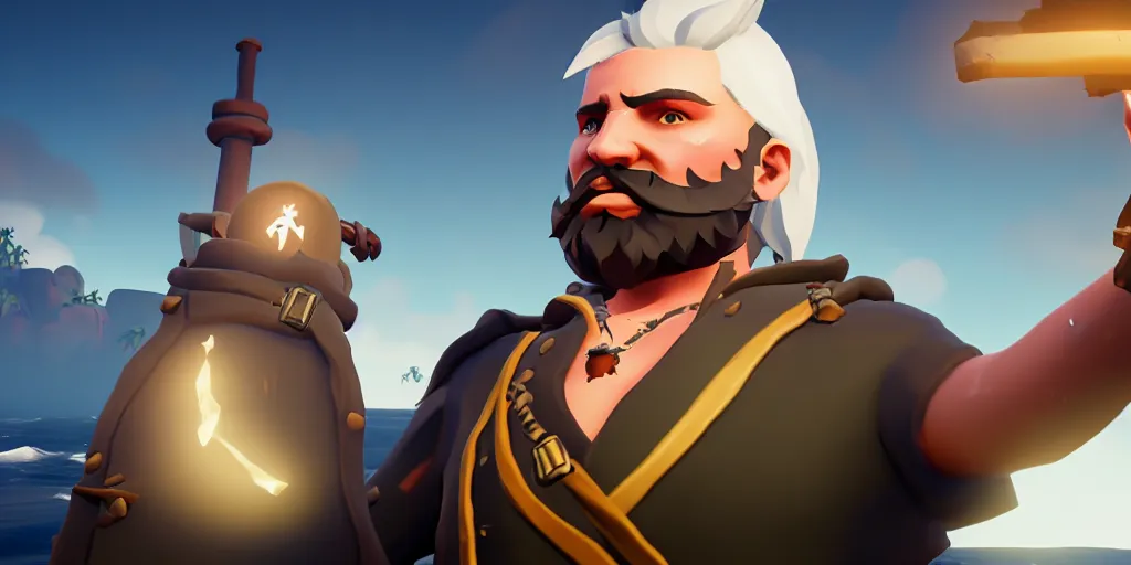 Image similar to selfie of a sea of thieves character with white beard, white hair, eye patch, sea of thieves screenshot, storm, unreal engine, digital art,