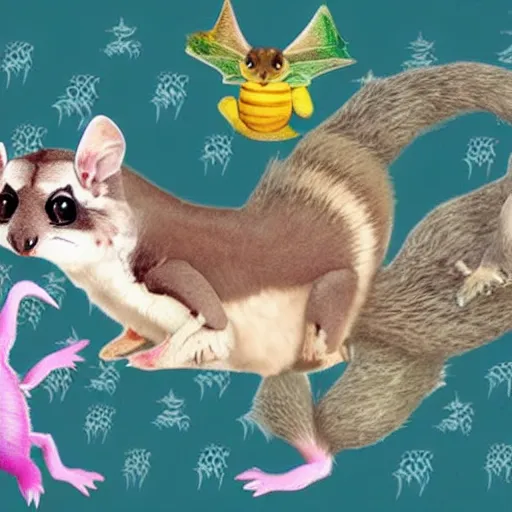 Prompt: Super cute animal combination of Sugar glider, Gecko, Sand cat, Bee hummingbird, Racoon dog, Pygmy hippopotamus , Leafy sea dragon, Elephant Shrew, Margay, Klipspringer, Fennec Fox, Tawny frogmouth, Tarsier, Quetzal and Star-nosed mole