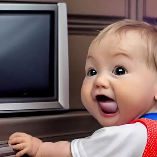 Image similar to baby looking at a tv. blippi is on the tv screen, award winning, cinematic, photorealistic, 8 k