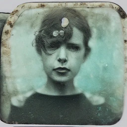 Prompt: tintype photo, swimming deep underwater, alien face