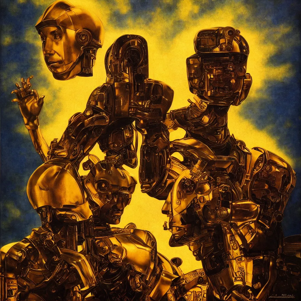 Image similar to cinematic bust portrait of futuristic god robot, part by Norman Rockwell, part by maxfield parrish, detailed,chiaroscuro, oil on canvas, HD, HDR, 4K, 8K , nice colors