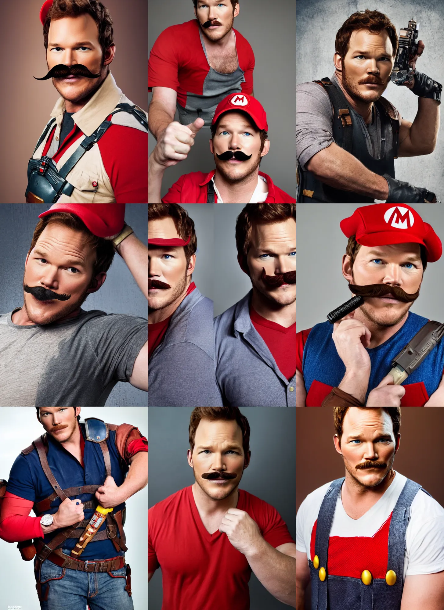 Image similar to chris pratt with a mustache dressed as mario, cosplay, detailed face, promo shoot, studio lighting