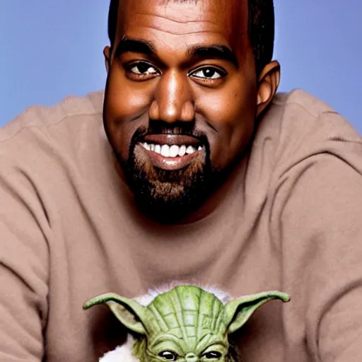 Image similar to kanye west smiling and holding yoda for a 1 9 9 0 s sitcom tv show, studio photograph, portrait