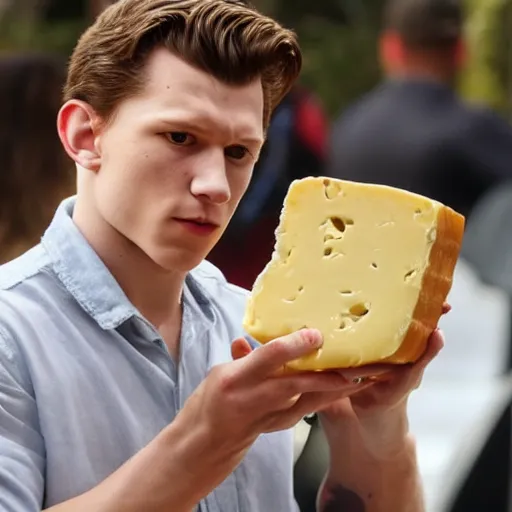 Prompt: sad tom holland holding a wallet full of cheese