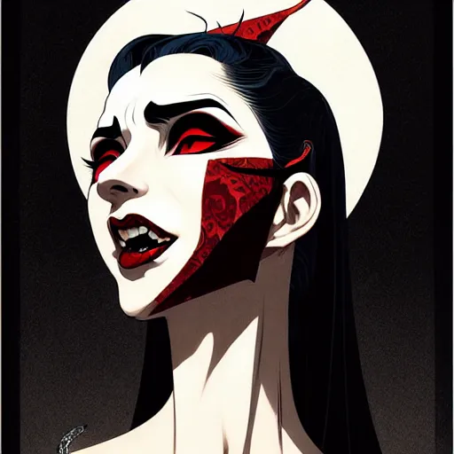 Image similar to beautiful vampire queen with fangs, symmetrical face, evil, portrait, cinematic, dramatic, powerful, super detailed and intricate, by koson ohara, by darwyn cooke, by greg rutkowski, by satoshi kon