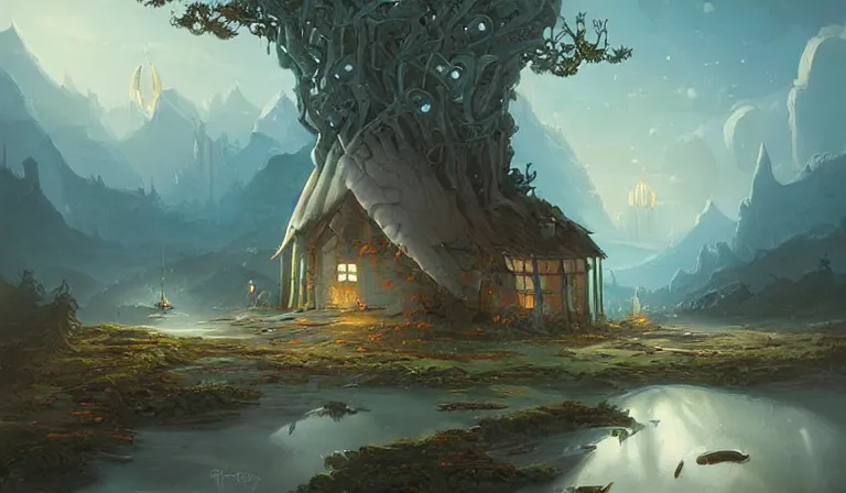 Image similar to A serene landscape with a singular building in the style of Peter Mohrbacher.