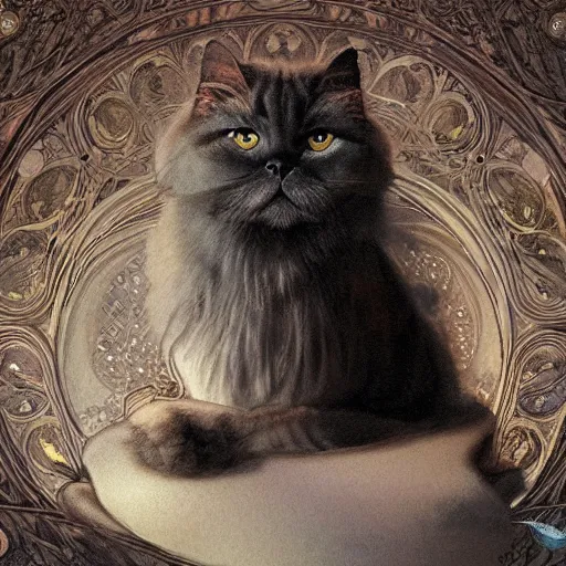 Prompt: Persian Cat, dark light night, intricate, elegant, sharp focus, illustration, highly detailed, digital painting, concept art, matte, art by WLOP and Artgerm and Greg Rutkowski and Alphonse Mucha, masterpiece