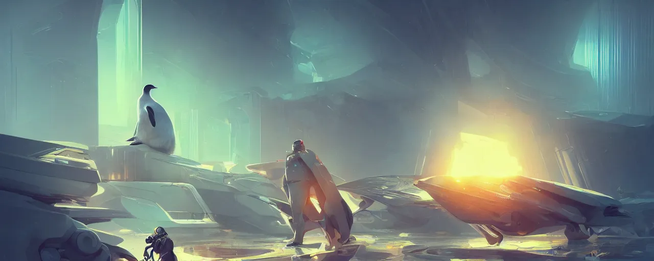 Image similar to duotone concept illustration of futuristic cyborg emperor penguin. cinematic scene. volumetric lighting. golden ratio accidental renaissance. by sachin teng and sergey kolesov and ruan jia and heng z. graffiti art, scifi, fantasy, hyper detailed. octane render. concept art. trending on artstation