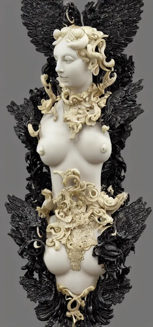 Image similar to carved black marble mechanical bust wearing hard surface armour, subtle gold accents, frontal view, ivory rococo, wings lace wear, hyper detailed, insane details, intricate
