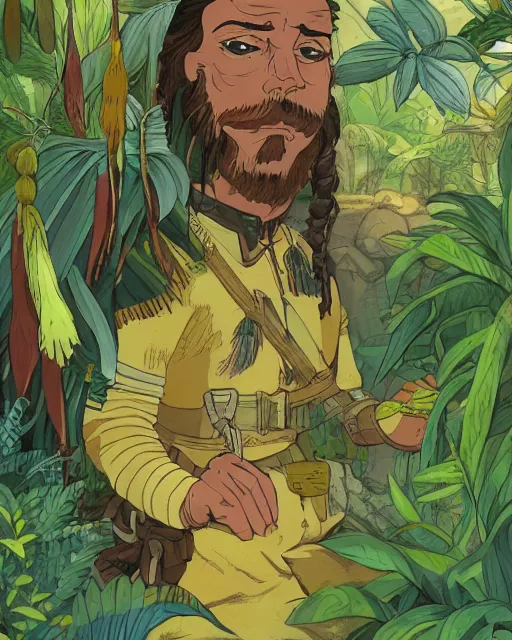 Prompt: portrait of a conquistador in a jungle, by nicola saviori, and dan mora, studio ghibli color scheme, highly detailed