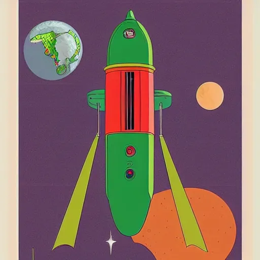 Image similar to bauhaus print poster of the futurama spaceship, planet express, old bessie