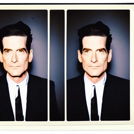 Image similar to agent dale cooper from twin peaks by terry richardson, polaroid photo, white background, direct flash, 4 k,