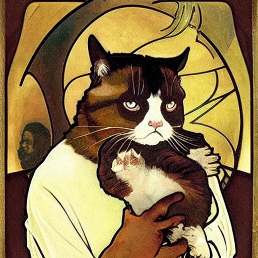 Image similar to “ george costanza holding grumpy cat, art nouveau, gold - leaf, very detailed, high quality, by alphonse mucha ”