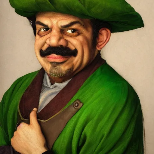 Image similar to hyper realistic, realistic - anime, portrait, beautifully rendered, italian garb, caricature, luis guzman as luigi wearing green, smirking deviously, luigi, luigi's nose, painted by jan van eyck, albrecht durer, gustave courbet, greg rutkowski, wlop, artgerm, dishonored 2,