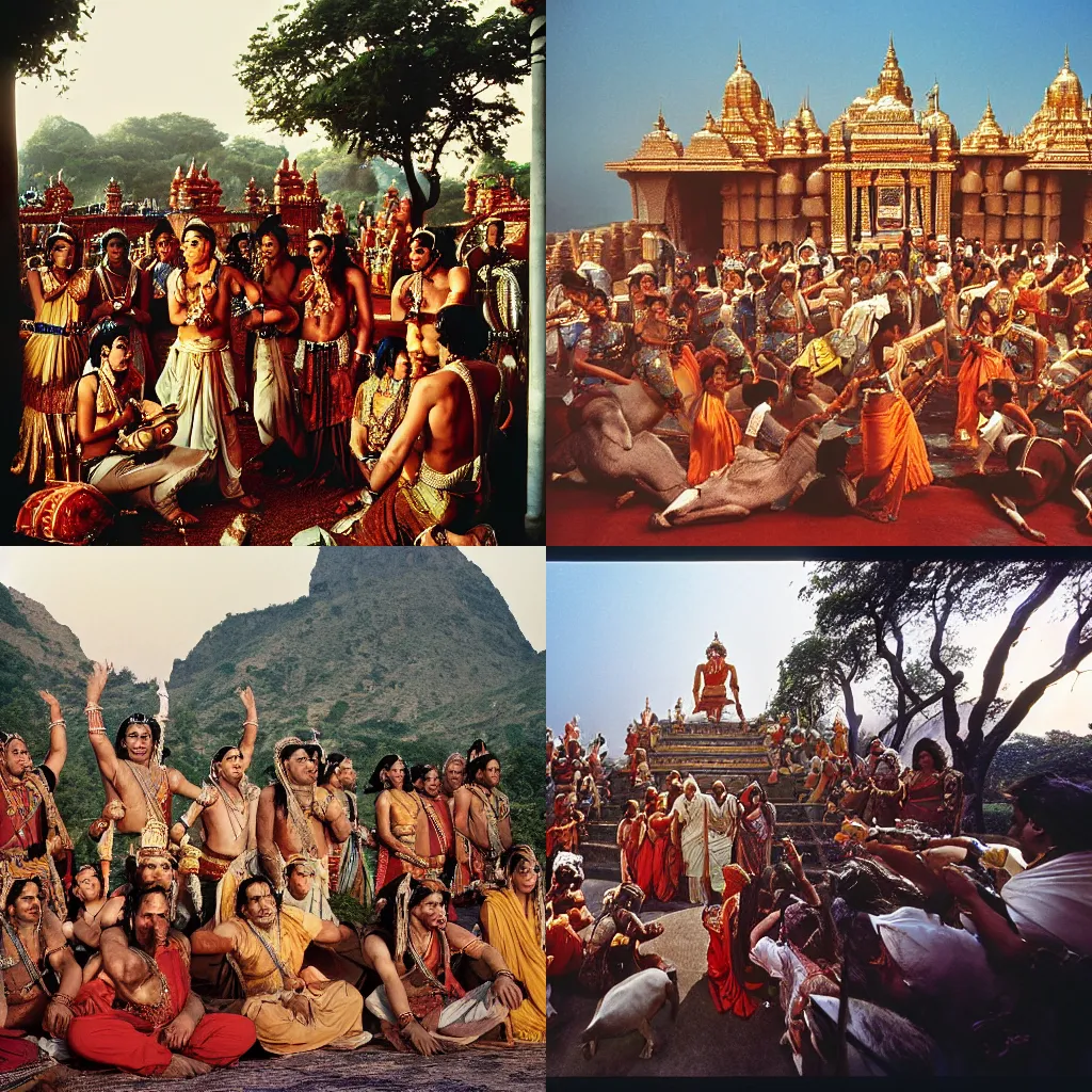 Prompt: an epic cinematic scene from Ramayan, photograph by Raghu Rai for Magnum Photos, shot on Mamiya large format film camera, trending on National Geographic, detailed 8K HD