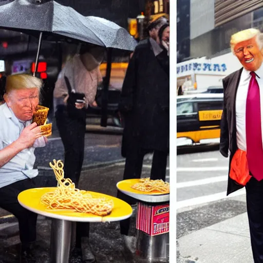 Prompt: donald trump eating maru-chan noodles at a bus stop on a rainy night in New York City in front of Trump Towers