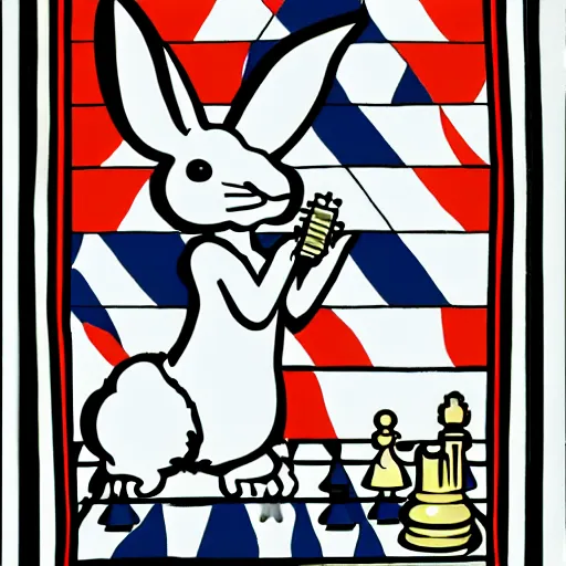 Image similar to a rabbit playing chess in the style of roy lichtenstein