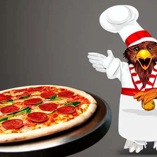 Image similar to photo of an eagle with a little chef hat stretching a pizza dough into a base with its talons