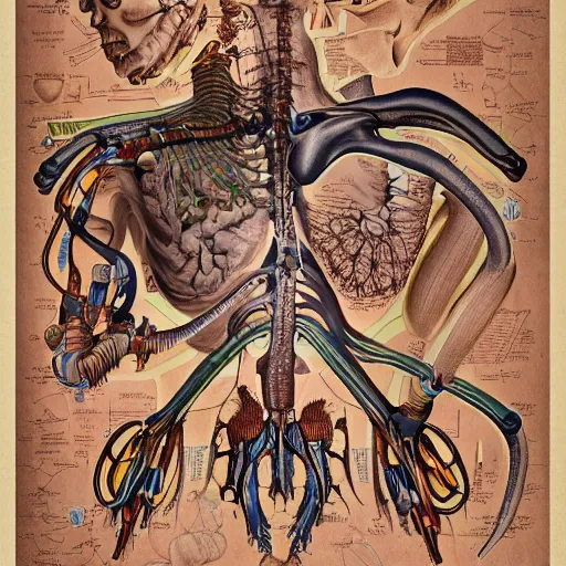 Prompt: cyberpunk, highly detailed labeled medical anatomy poster, anatomical drawing on poster paper with notes, extra beautiful colorful full page antique lithograph of artnouveau borders and designs, muted colors, parchment paper, art print, well - lit, ray tracing, horror, eldritch abomination, hyper realistic, 8 k post - processing