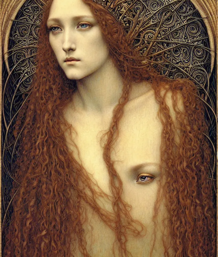 Image similar to detailed realistic beautiful young medieval queen face portrait by jean delville, gustave dore and marco mazzoni, art nouveau, symbolist, visionary, gothic, pre - raphaelite. horizontal symmetry