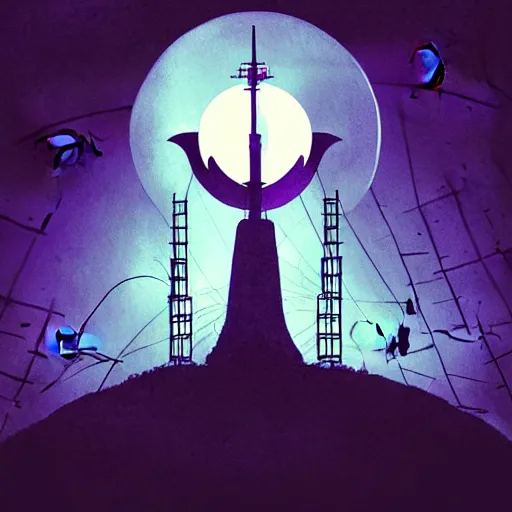 Prompt: artgerm, norman rockwell, abigail larson, purple color pallete, welcome to night vale, radio tower with black hole above it, helicopter, spooky strange weird quirky, cartoon, 2 d, chiral lighting