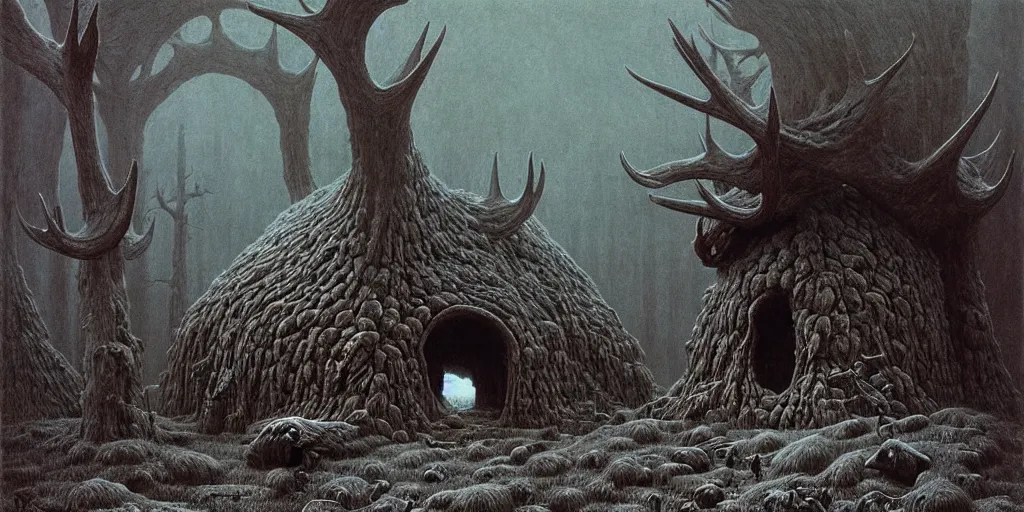 Image similar to cozy hut made out of a giant moose skull, Zdzislaw Beksinski, Wayne Barlowe, gothic, cosmic horror, dystopian, biomorphic, lovecraftian, amazing details, cold hue's