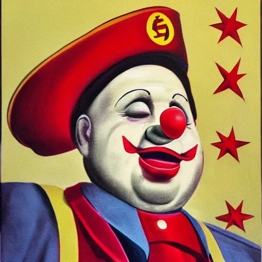 Image similar to communist clown portrait painting soviet propaganda poster overweight