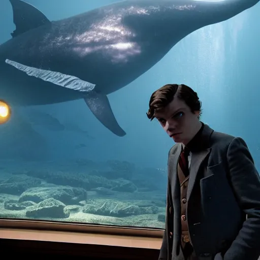 Prompt: a highly detailed cinematic photo from a live - action bioshock movie. andrew ryan, portrayed by evan peters, is shown standing in a 1 9 3 0's office with a large desk in front of an immense floor - to - ceiling window looking out into the underwater city of rapture. sea life including a blue whale is shown outside of the window