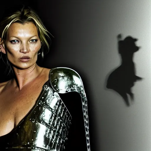 Prompt: kate moss dressed up as a knight in shining armour, hyper realistic, reflections, shadows, photo realistic, 8k