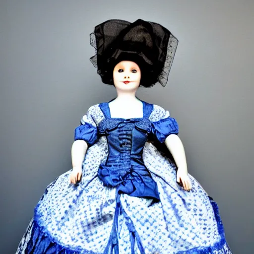 Prompt: porcelain doll of a victorian woman dressed in blue and black, hyper realistic