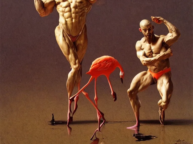 Image similar to a detailed painting of a bodybuilder with flamingo legs by beksinski carl spitzweg and tuomas korpi. baroque elements. baroque element. intricate artwork by caravaggio. Oil painting. Trending on artstation. 8k