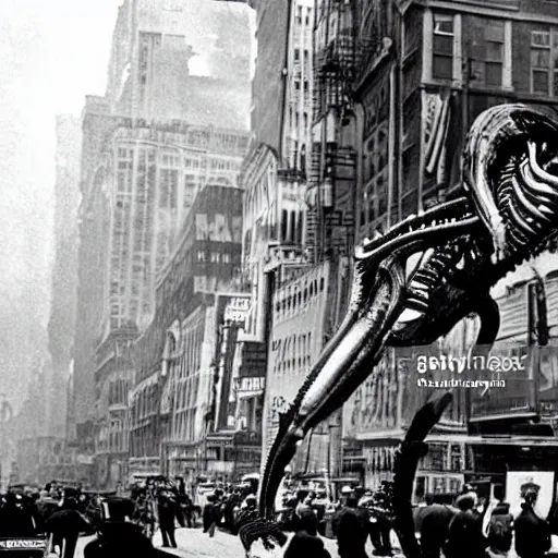 Image similar to old black and white photo, 1 9 1 3, depicting a xenomorph from the movie aliens rampaging through the bustling streets of new york city, historical record
