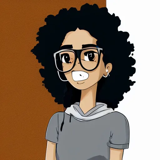Prompt: a very beautiful girl with dark complexion, long, curly, afro hair, stylistic oval black eyes, half - frame square glasses, grey hoodie opened, white t - shirt, white gloves, denim jeans, character art, cute, digital art, jaidenanimations, cartoon network, cel shaded, character art