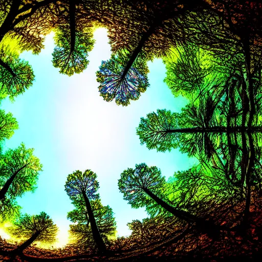 Image similar to looking up at the tops of trees in a forest, an ultrafine detailed painting by jon coffelt and benoit b. mandelbrot, shutterstock contest winner, generative art, multiple exposure, fisheye lens, high dynamic range