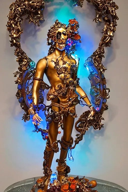 Image similar to a young handsome Spanish metal android with a large glowing sakura-color lit crystal in the center of his chest, full-body bronze cyberpunk style statue of Icarus with glowing blue eyes, crown of mechanical peach roses, flowing teal-colored silk, fabric, steampunk flowers. baroque elements, human skull. full-length view. baroque element. intricate artwork by caravaggio. many flying horses on background. Trending on artstation, octane render, cinematic lighting from the right, hyper realism, octane render, 8k, depth of field, 3D