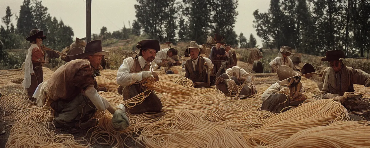 Prompt: wide shot harvesting spaghetti during the gold rush, no faces, intricate, sigma 5 0 mm, cinematic lighting, photography, wes anderson, film, kodachrome